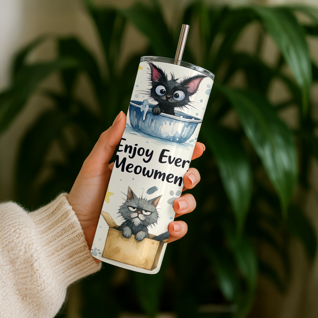 Tumbler with cartoon cats and text 'Enjoy Every Meowment' held by a person against a plant background