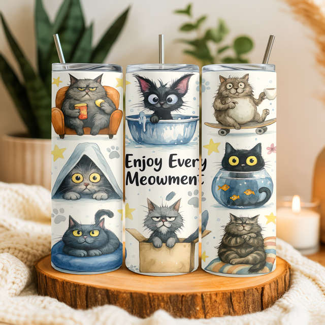 Three tumbler cups with cat-themed designs on a wooden stand.