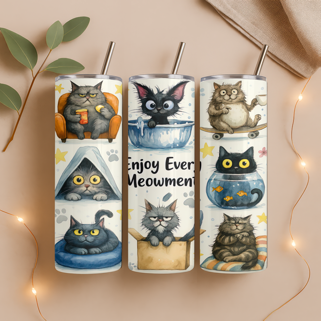 Three tumbler designs with cartoon cats on a beige background