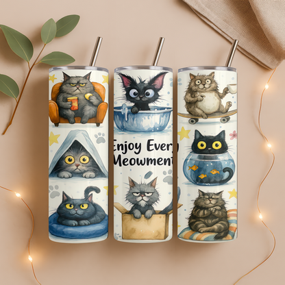 Three tumbler designs with cartoon cats on a beige background