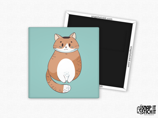 Chonky cat fridge magnet – square 2x2” magnet with cute orange tabby cat illustration on teal background. Durable and strong back magnet with Snap It Stick It branding. Perfect for cat lovers, fridge decor, or a funny gift idea.