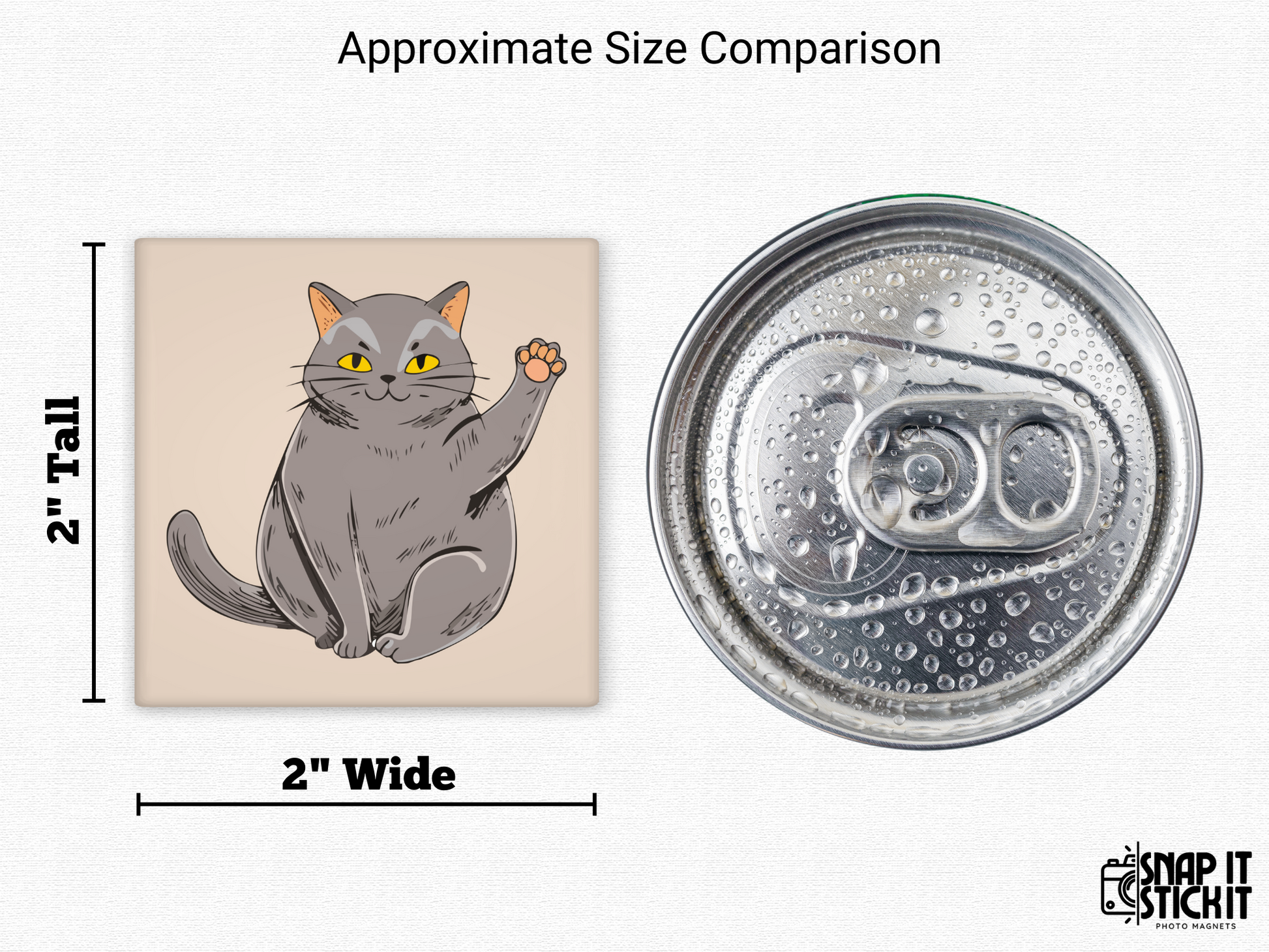 Waving cat magnet size comparison – 2x2” square illustrated gray cat with raised paw next to a soda can top. Funny cat fridge magnet, perfect for cat moms, playful decor, or small gifts for pet lovers.