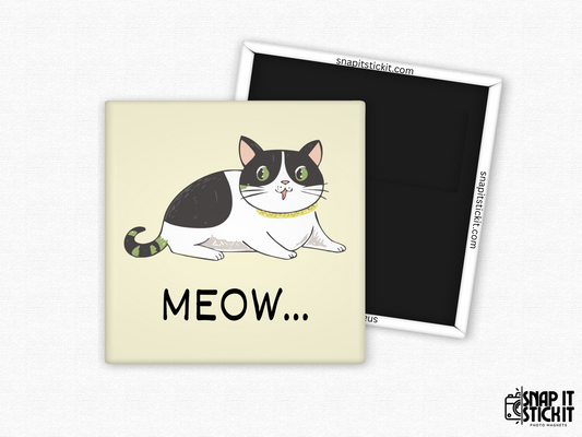 Funny “Meow” cat fridge magnet – 2x2” square magnet featuring a cute black and white cartoon cat with green eyes and a green-striped tail on a cream background. Text reads “MEOW…” with a strong magnet back and Snap It Stick It branding. Great for cat lovers, fridge humor, or quirky decor.