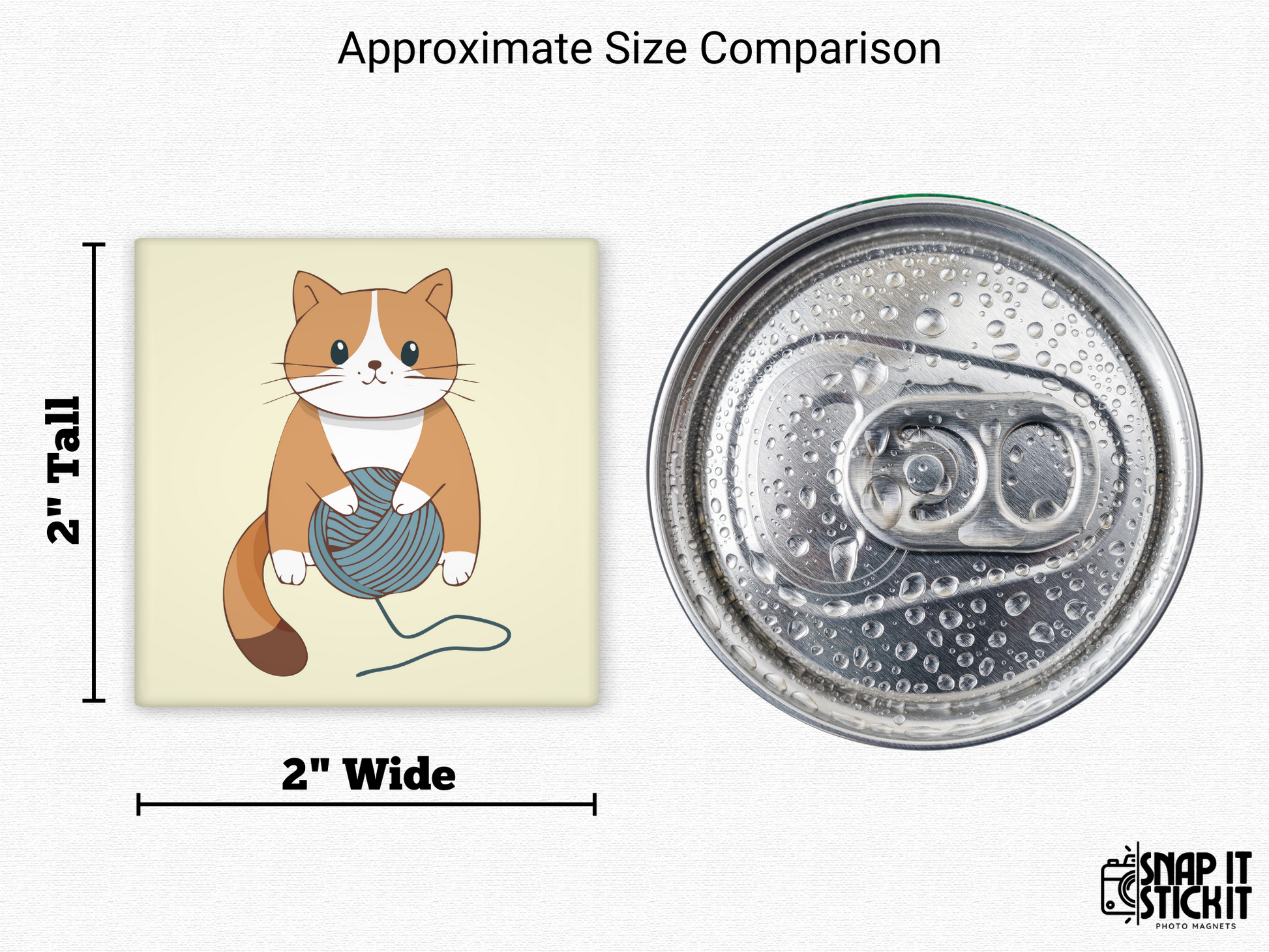 Cat with yarn magnet size comparison – 2x2” square fridge magnet showing an orange cartoon cat playing with blue yarn, next to a soda can. Cute cat magnet perfect for fridge, locker, or small gift for knitters and pet parents.