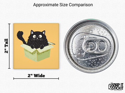 Funny black cat in box magnet size comparison – 2x2” square magnet showing a fluffy black cartoon cat popping out of a box next to a soda can. Ideal for quirky cat moms, fridge decor, or small gifts for pet lovers.