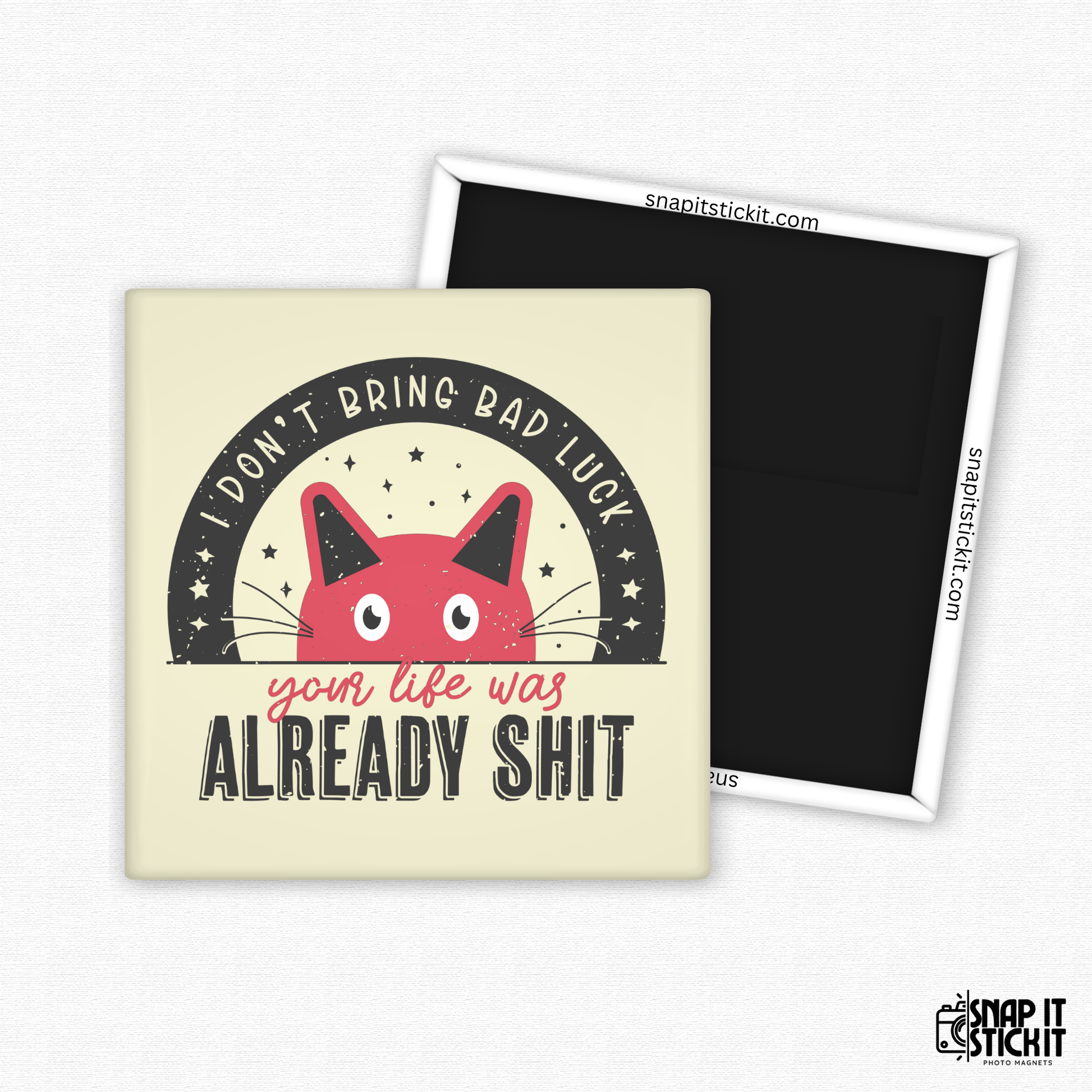 Sticker with a red cat illustration and text on a beige background