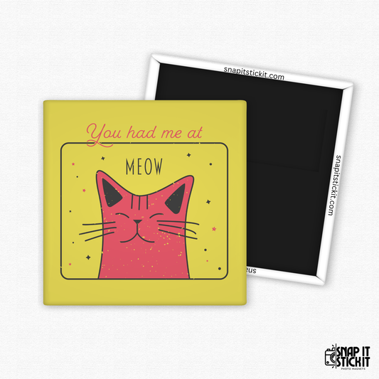 Fridge magnet with a pink cat illustration and "you had me a meow" on a yellow background