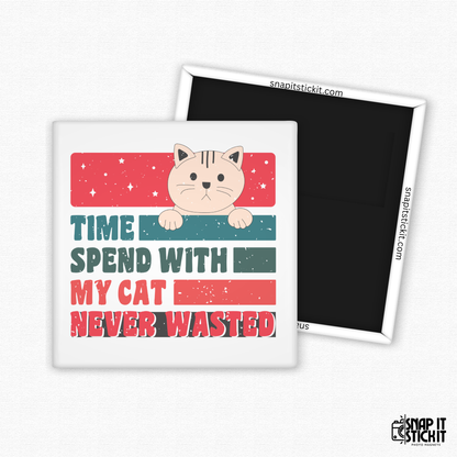 Sticker with a cat illustration and text 'Time spend with my cat never wasted' on a white background.