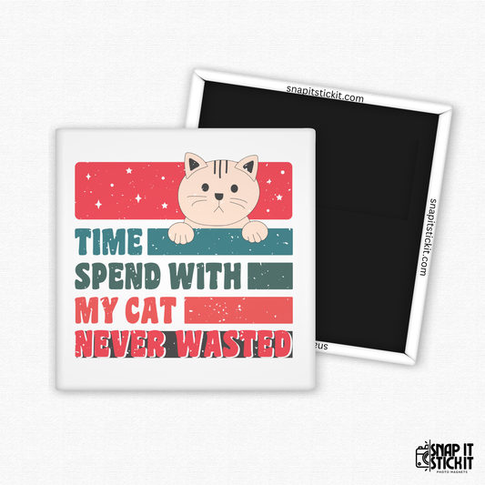 Sticker with a cat illustration and text 'Time spend with my cat never wasted' on a white background.
