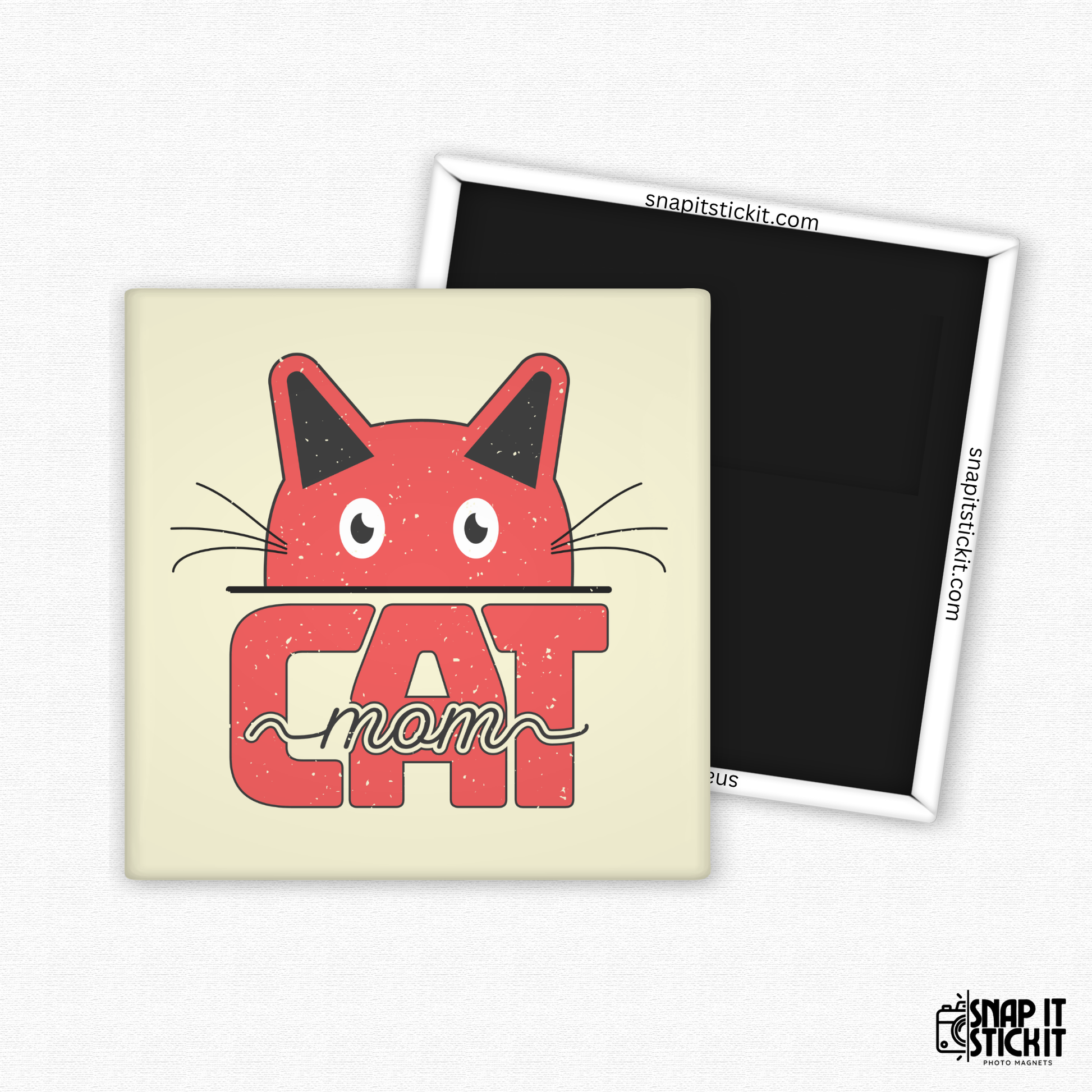 Fridge magnet with red cat illustration and 'cat mom' text on a beige background
