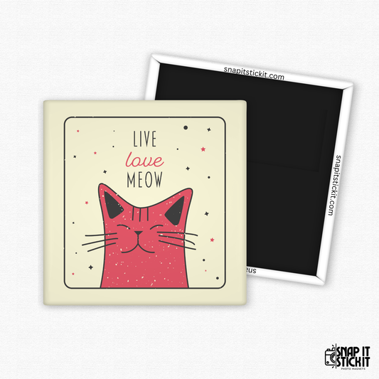 Fridge magnet with a pink cat illustration and text 'Live Love Meow' on a beige background.