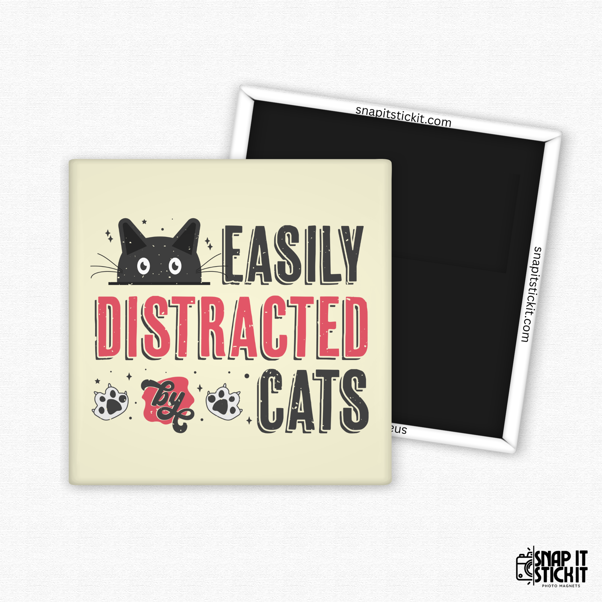 Fridge magnet with a black cat illustration and text 'Easily Distracted by Cats' on a beige background.