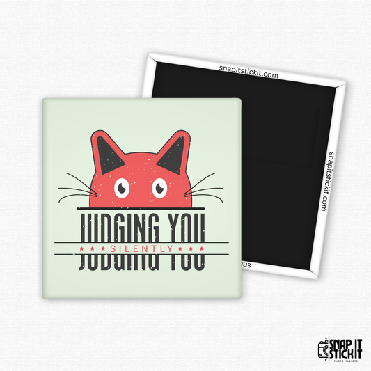 Fridge magnet with a red cat face design and text on a light green background