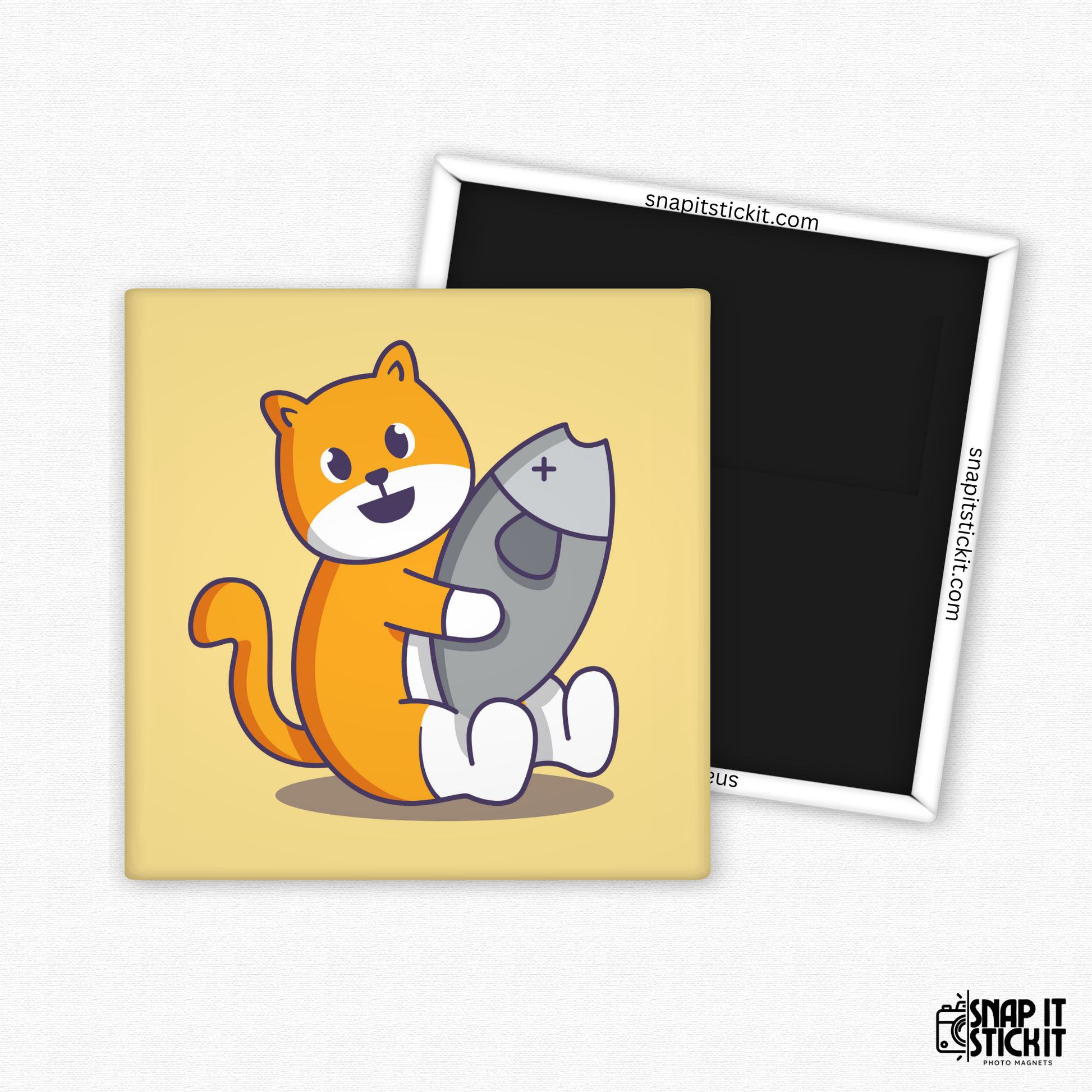 Cartoon-style orange cat sitting and hugging a grey fish with X eyes. Beige background. 2x2 square magnet. Funny and quirky gift for cat lovers.