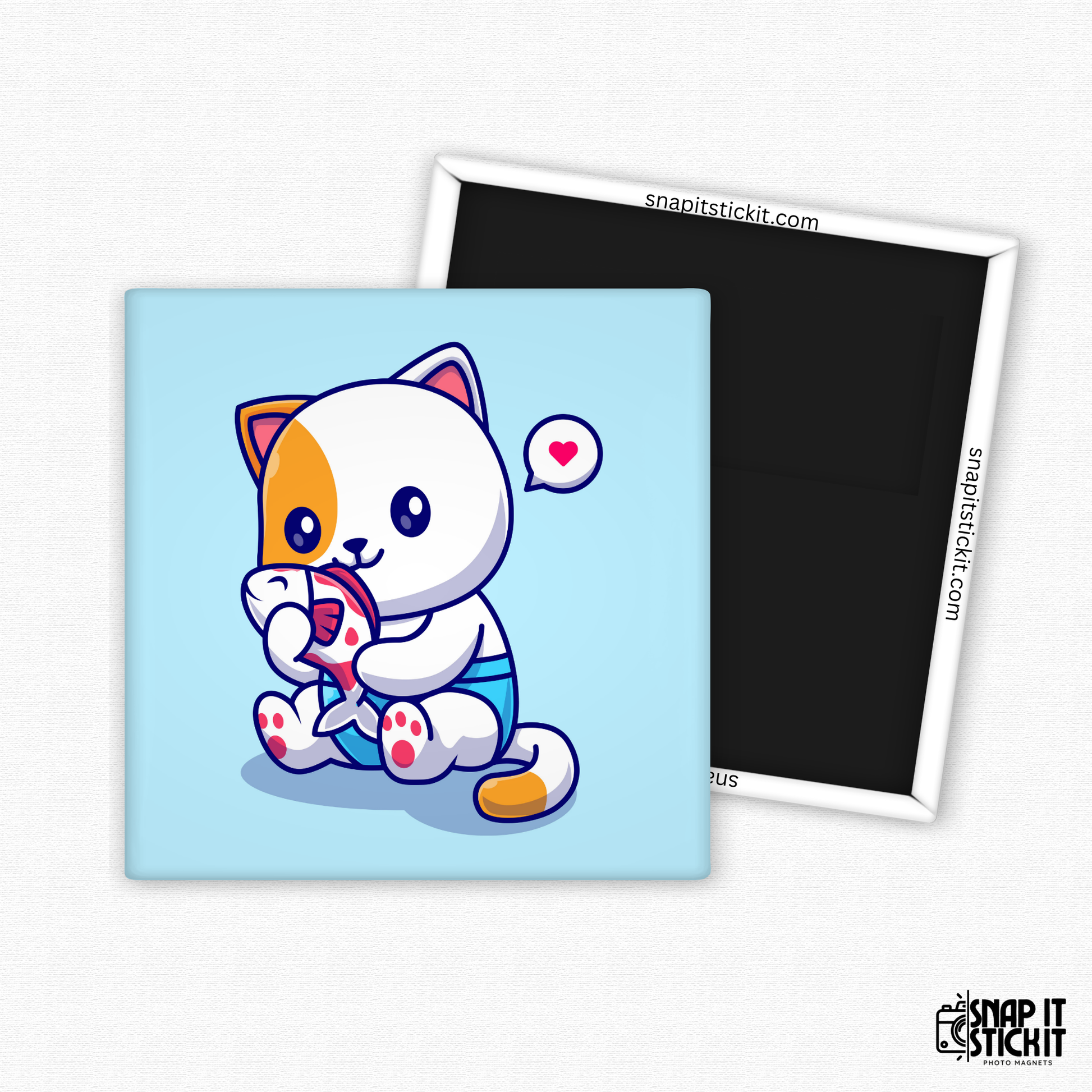 Kawaii-style white and orange cartoon cat hugging a pink fish with a heart speech bubble. Light blue background. 2x2 magnet for cat lovers.