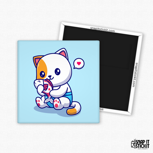 Kawaii-style white and orange cartoon cat hugging a pink fish with a heart speech bubble. Light blue background. 2x2 magnet for cat lovers.