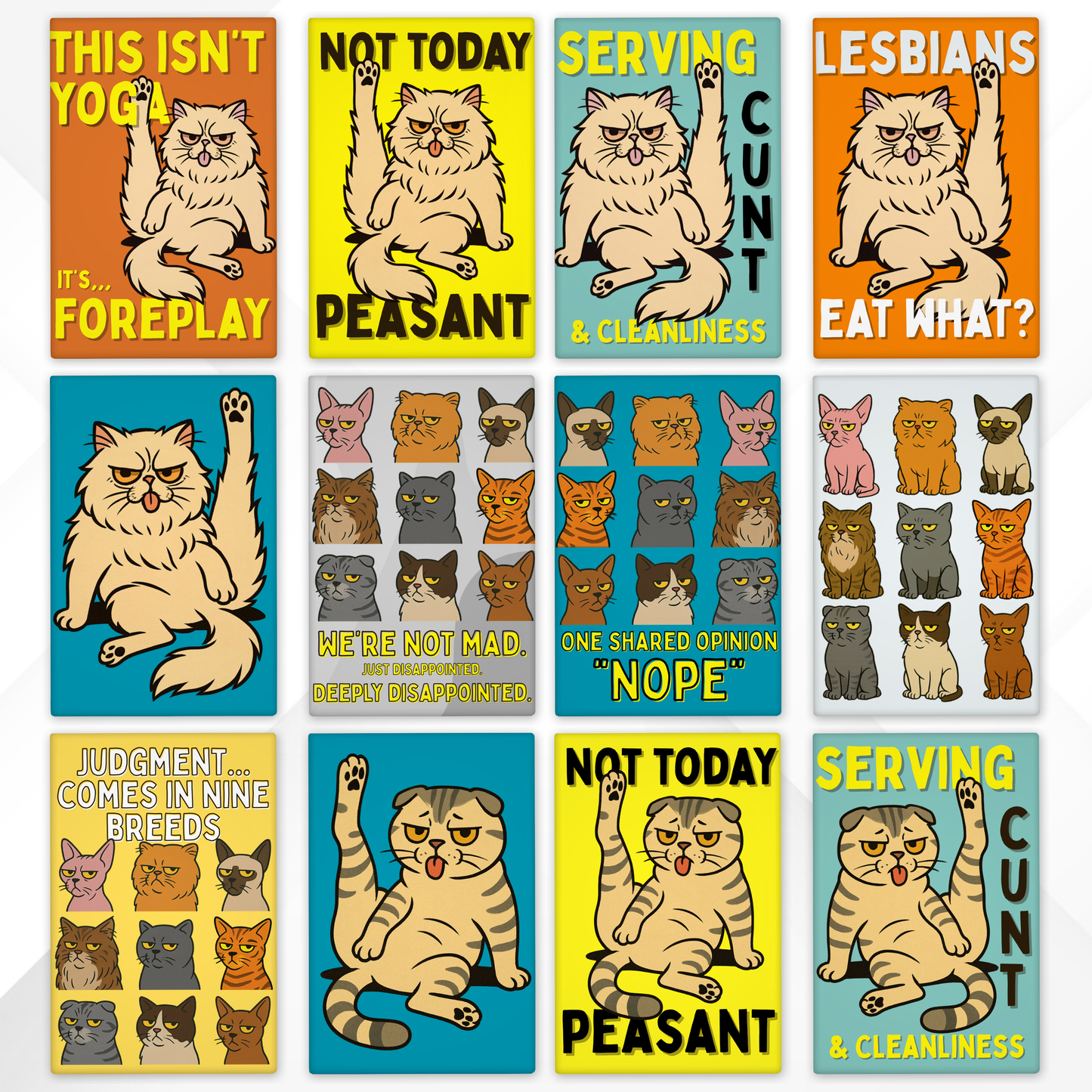 Set of colorful magnets with cat illustrations and text on a white background