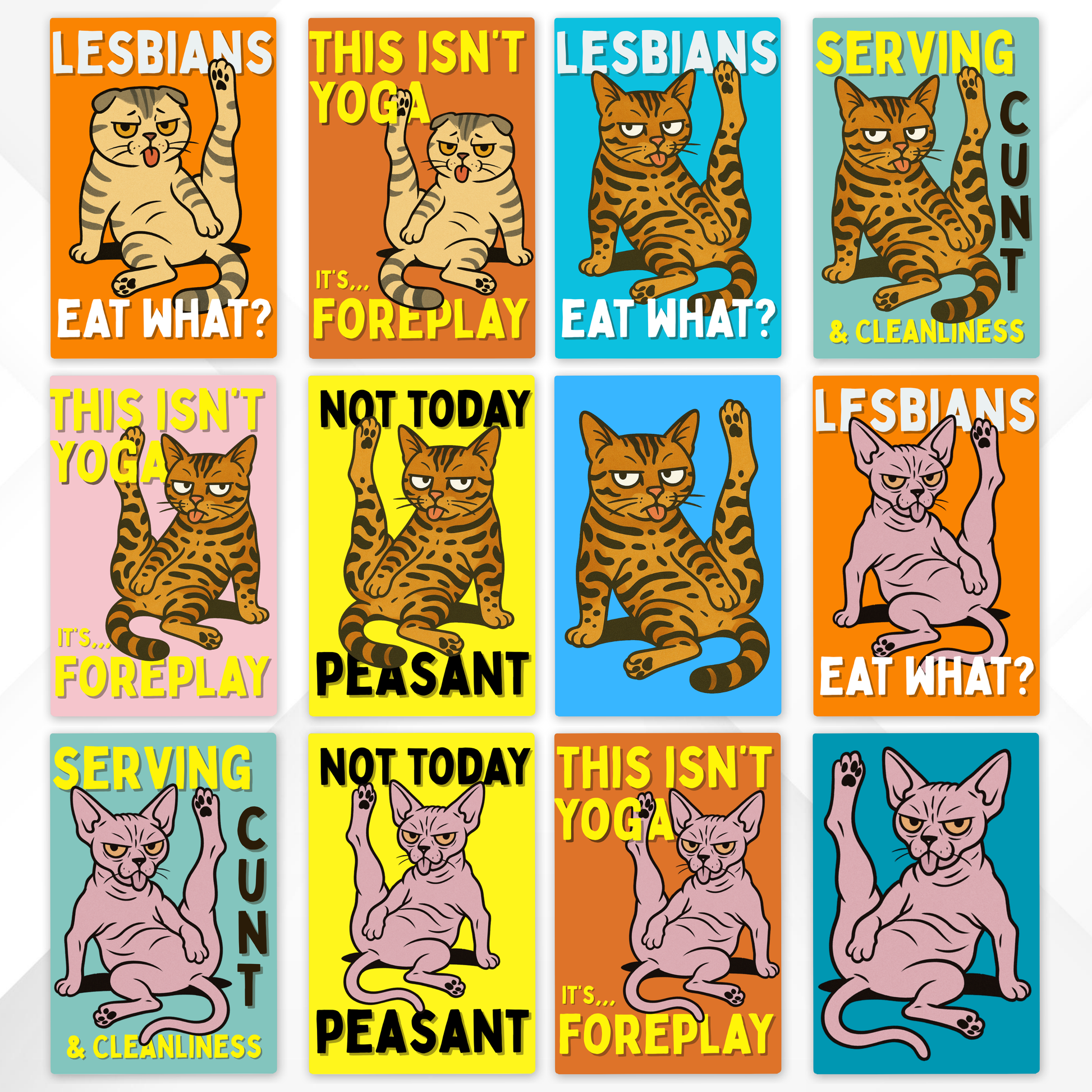 Set of colorful magnets with cat illustrations and text on a white background