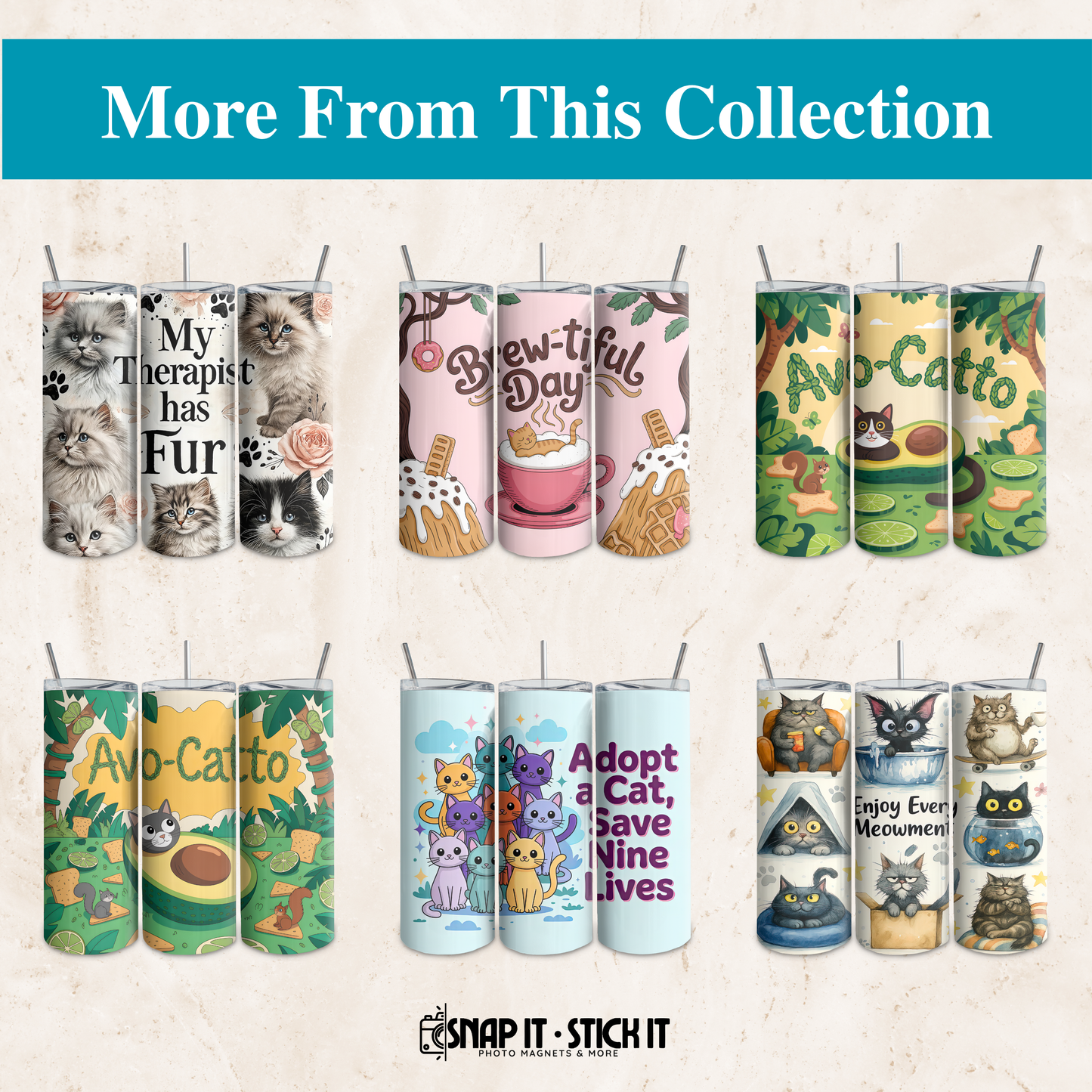 Collection of cat-themed tumblers with various designs on a light background.