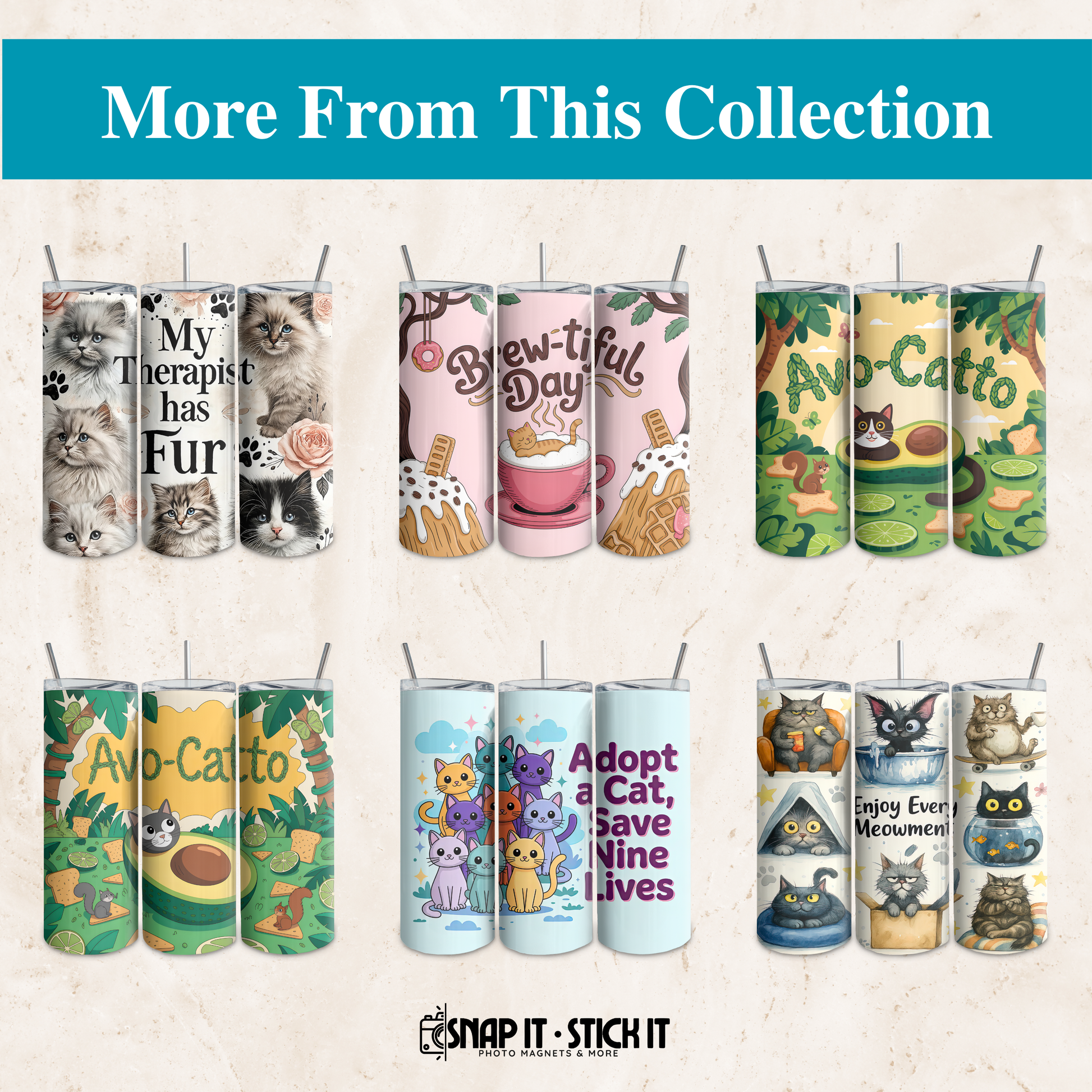 Collection of cat-themed tumblers with various designs on a light background.
