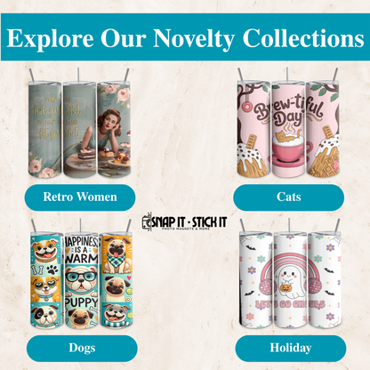 Collection of novelty tumblers with different designs on a light background