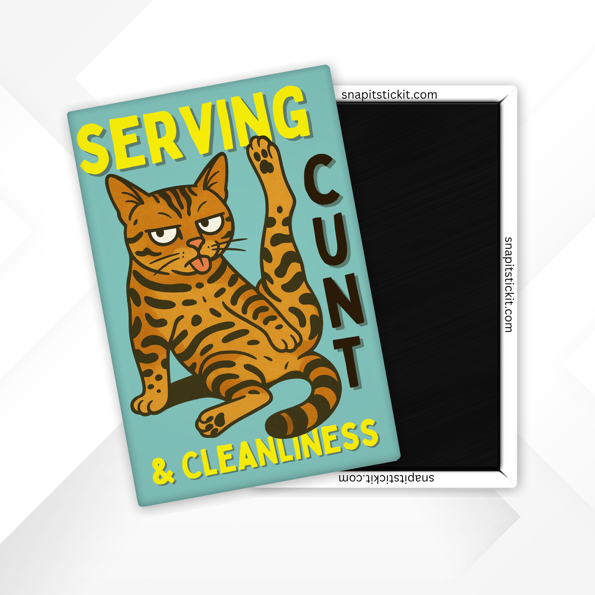 Magnet with a bengal cat illustration and text on a light blue background