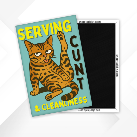 Magnet with a bengal cat illustration and text on a light blue background