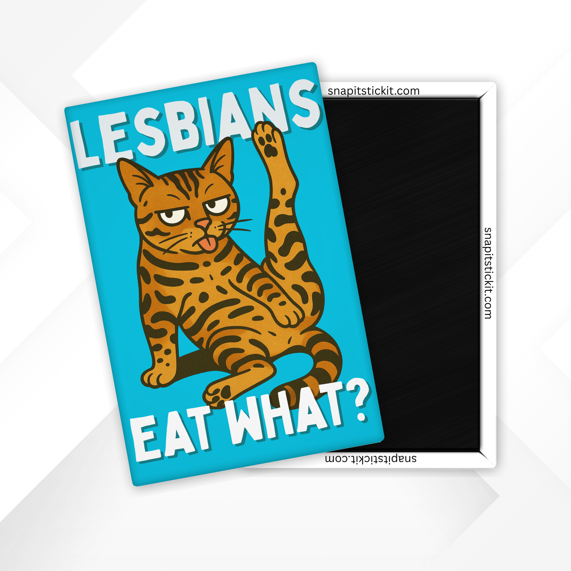 Magnet with a cat illustration and text 'LESBIANS EAT WHAT?' on a blue background.
