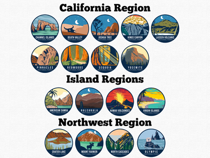 National Park magnets grouped by region – California, Island, and Northwest Regions. 2.5” round magnets feature colorful artwork of parks such as Yosemite, Sequoia, Haleakalā, Hawaii Volcanoes, Crater Lake, and Olympic. A great gift idea for national park fans, hikers, and adventure seekers.