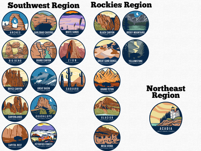 National Park magnets grouped by region – Southwest, Rockies, and Northeast Regions. Includes illustrated 2.5” magnets for parks like Arches, Grand Canyon, Zion, Yellowstone, Grand Teton, and Acadia. Perfect for travelers, outdoor lovers, or magnet collectors building their U.S. National Park set.
