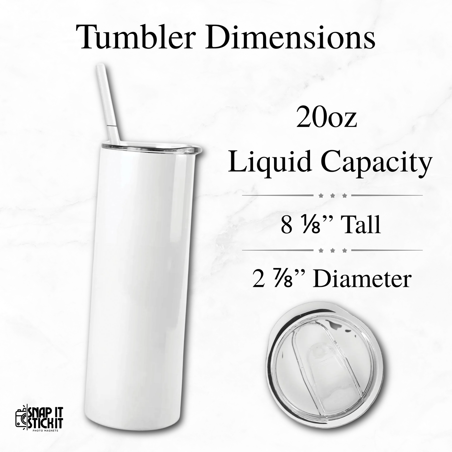 White tumbler with straw and lid on a white background, displaying dimensions and liquid capacity.