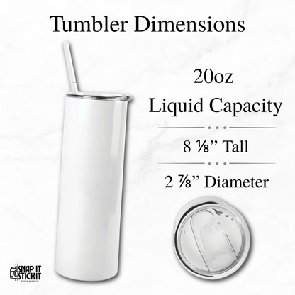 White tumbler with straw and lid on a white background, displaying dimensions and liquid capacity.