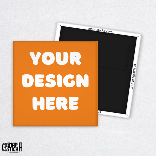 Custom square photo magnet mockup reading “Your Design Here” in bold white text on an orange background. Perfect listing for design your own magnet, custom photo magnet, personalized fridge magnet, custom artwork magnet, logo magnet for small business, promotional magnet, gift for teachers, event keepsake, wedding favor, or unique home decor. Ideal for fridges, lockers, or whiteboards.