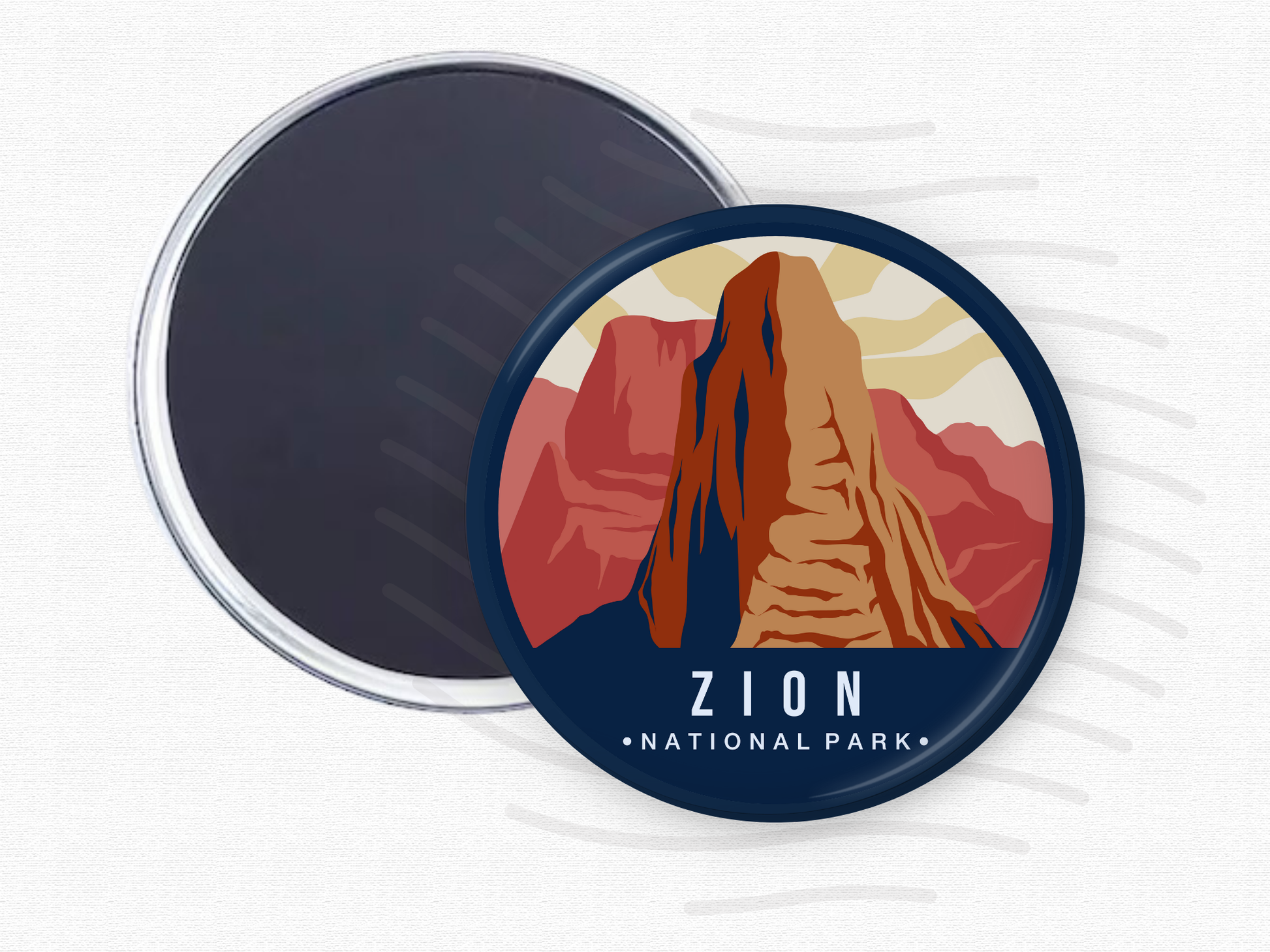 Round magnet of Zion National Park featuring a towering red and orange rock formation under a partly cloudy sky with warm tones