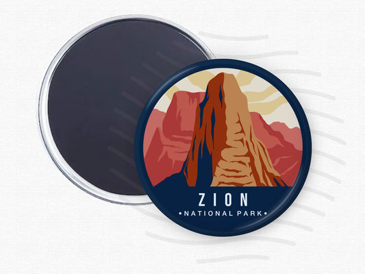 Round magnet of Zion National Park featuring a towering red and orange rock formation under a partly cloudy sky with warm tones