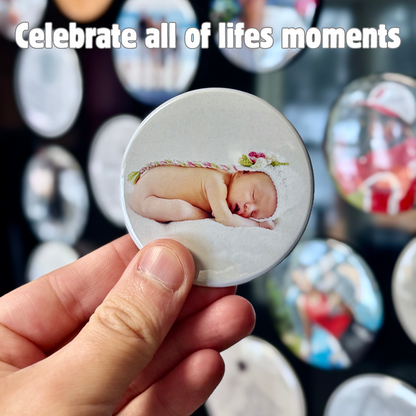 “Demonstration of a powerful custom photo magnet holding up a 5x7 photo and additional sheets on a fridge. Text reads ‘Durable & Power Magnets - Holds up to 6 sheets of paper,’ showcasing magnet strength.”