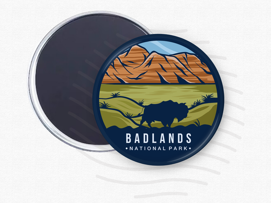 Badlands National Park round magnet with size reference – 2.5” wide magnet featuring a silhouette of a bison in grasslands with iconic layered buttes in the background. Ideal for travelers, hikers, or anyone who loves the American wilderness.