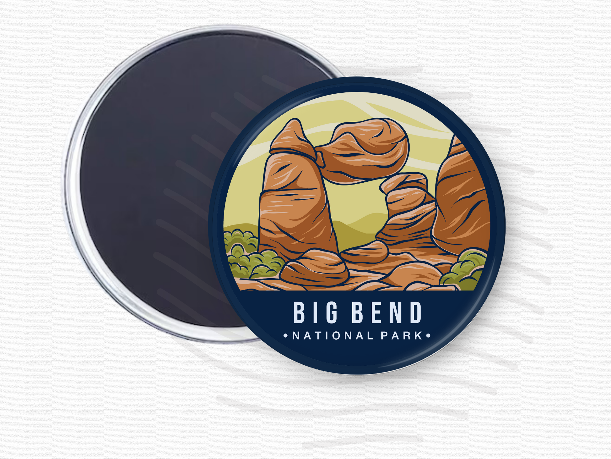 “Illustrated magnet featuring Big Bend National Park with iconic rock formations and desert brush in warm earthy tones.”