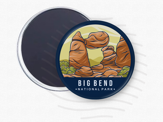 “Illustrated magnet featuring Big Bend National Park with iconic rock formations and desert brush in warm earthy tones.”