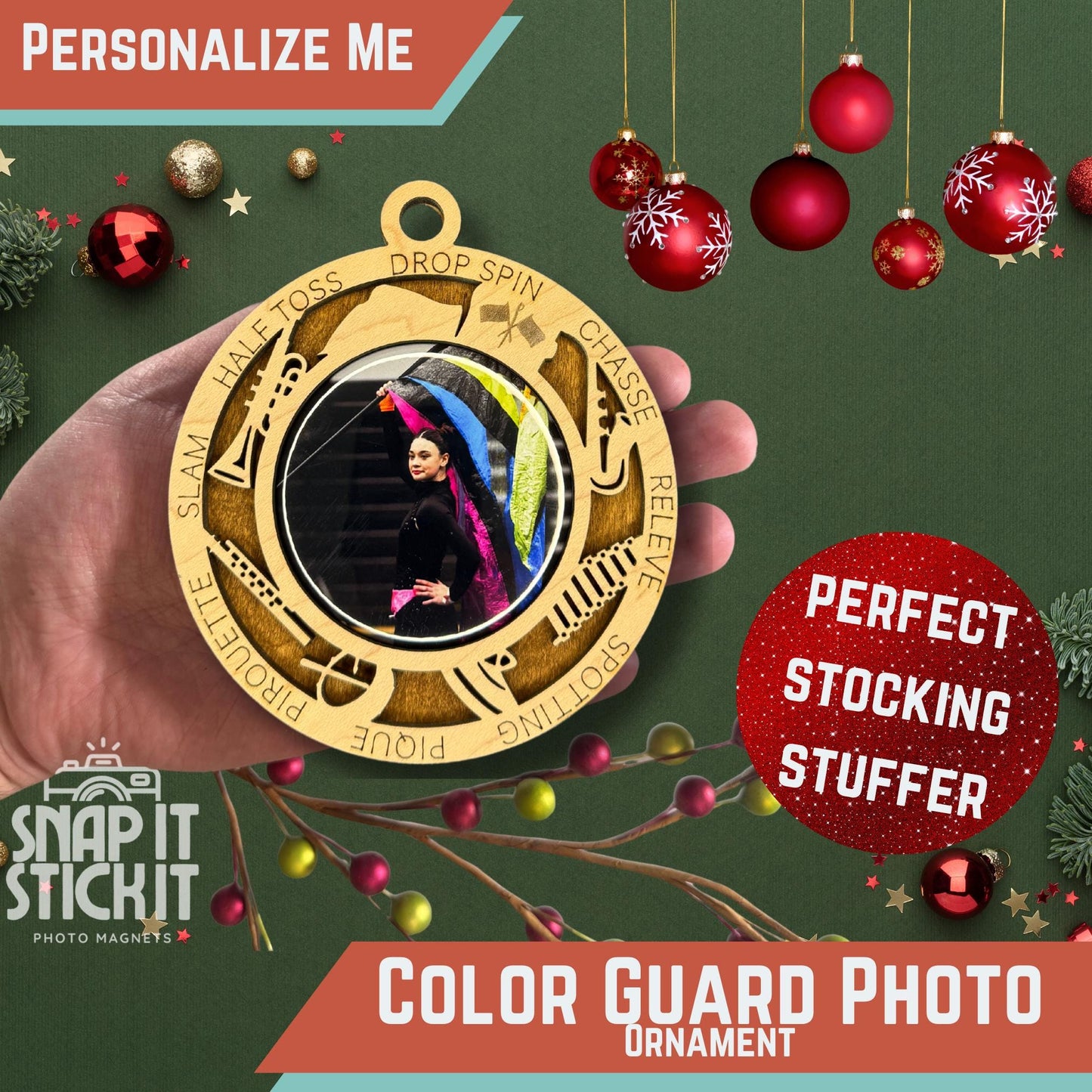Personalized Color Guard Ornament with Photo Inlay | Custom Laser-Cut Marching Band Keepsake | Team Gift, Performer Award, or Coach