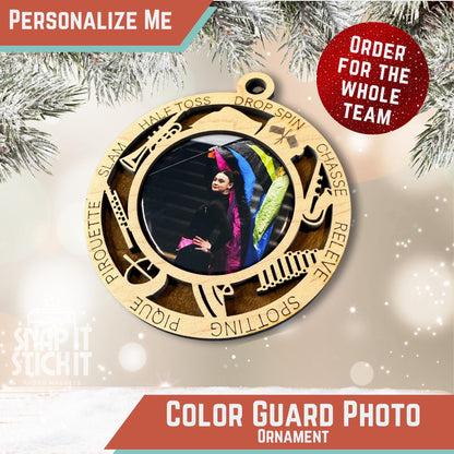 Personalized Color Guard Ornament with Photo Inlay | Custom Laser-Cut Marching Band Keepsake | Team Gift, Performer Award, or Coach