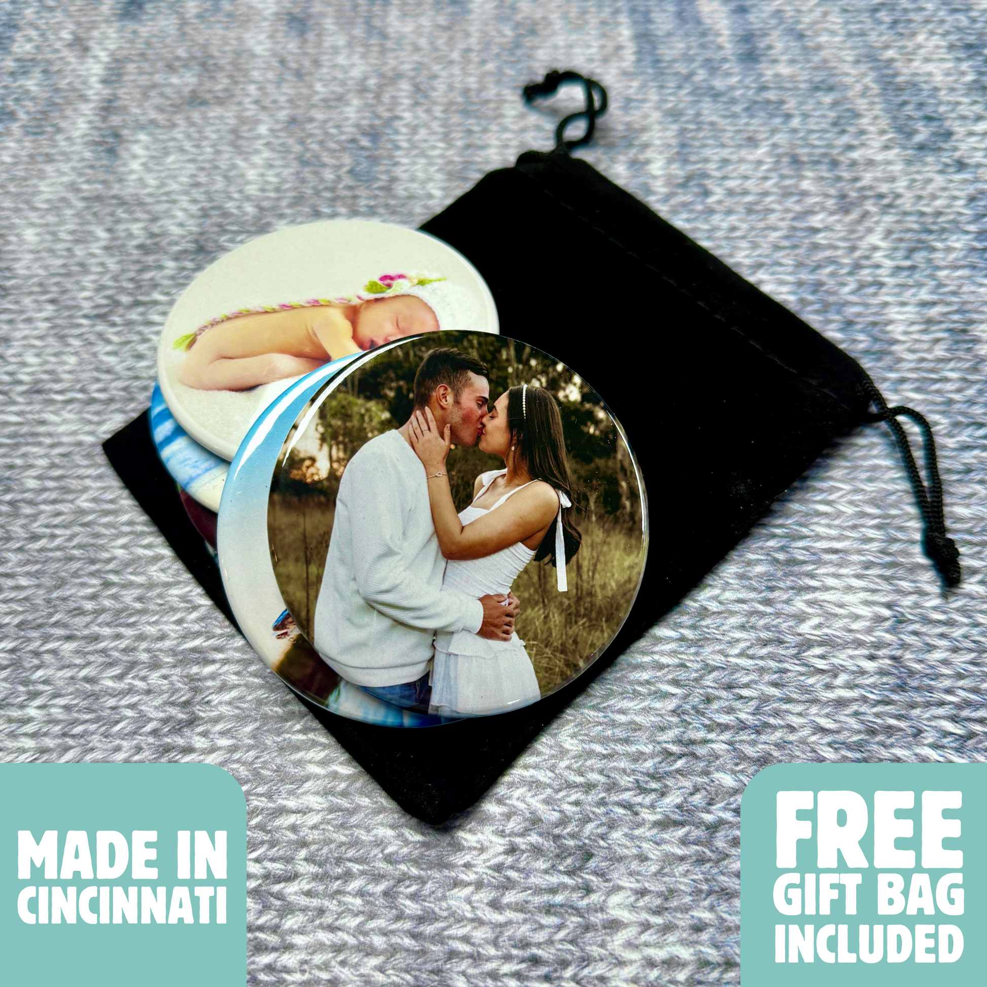 “Set of custom photo magnets featuring personal photos, including newborn and couple images, placed in a black drawstring gift bag. Text reads ‘Made in Cincinnati’ and ‘Free Gift Bag Included,’ showcasing the perfect gift presentation.”