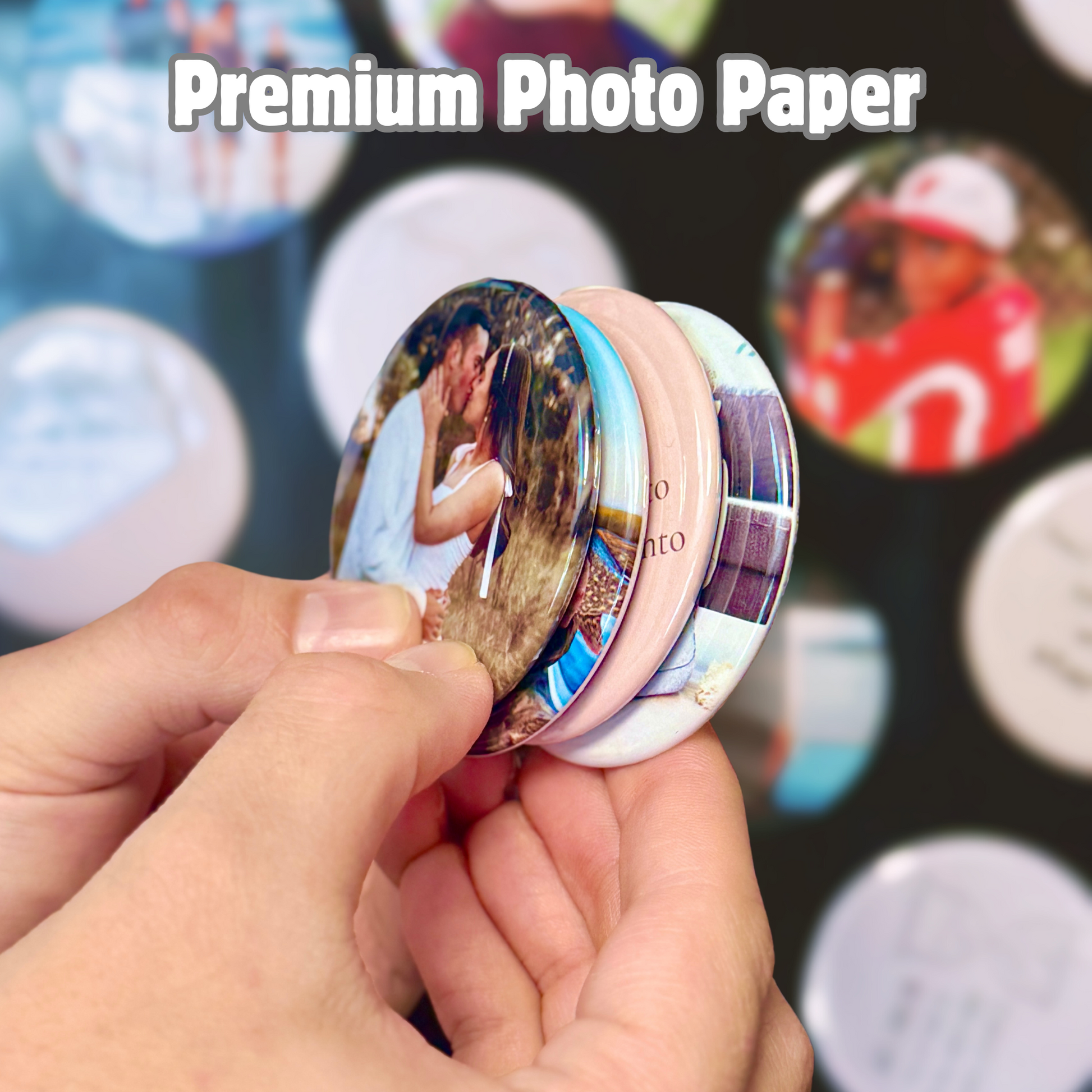 “Close-up of hands holding glossy photo magnets printed on premium photo paper, featuring vibrant images. Text reads ‘Premium Photo Paper,’ highlighting the high-quality material and durability of the custom magnets.”
